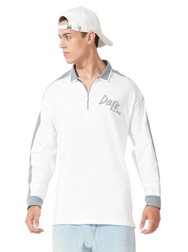 Maniac Men HalfZip Printed Polo Neck Full Sleeves Oversized Fit Cotton T-Shirt