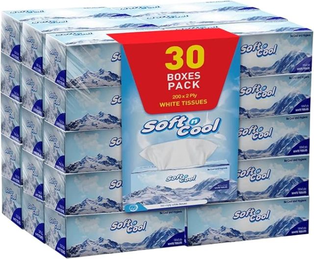 Soft N Cool Facial Tissue Nylon Pack 200 Sheets 2Ply, 5 Boxes
