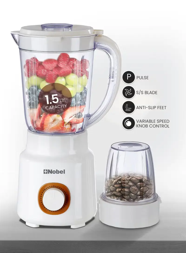 Nobel 2 in 1 Blender, 500W High-Efficiency Motor, 1.5L Plastic Jar with Grinder Cup, Stainless Steel Blade, 2 Speeds + Pulse Control, , Anti-Slip Feet Design - NB323 1.5 L 500 W NB323 white