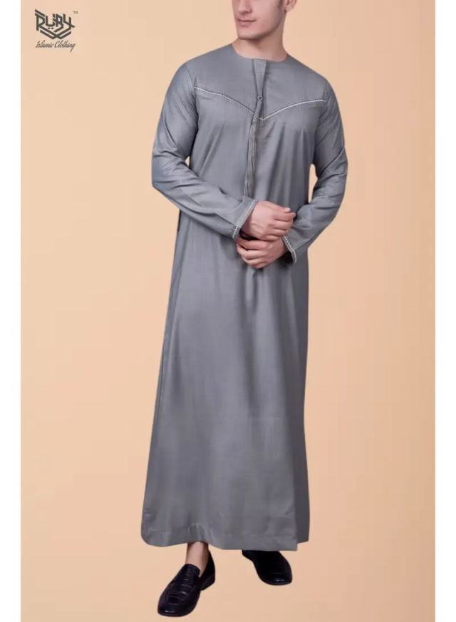 Classic Grey Emirati Thobe for Men with Zipper & Intricate Embroidery Men's Kaftan Round Neck Long Sleeve Saudi Arabian Muslin Robe