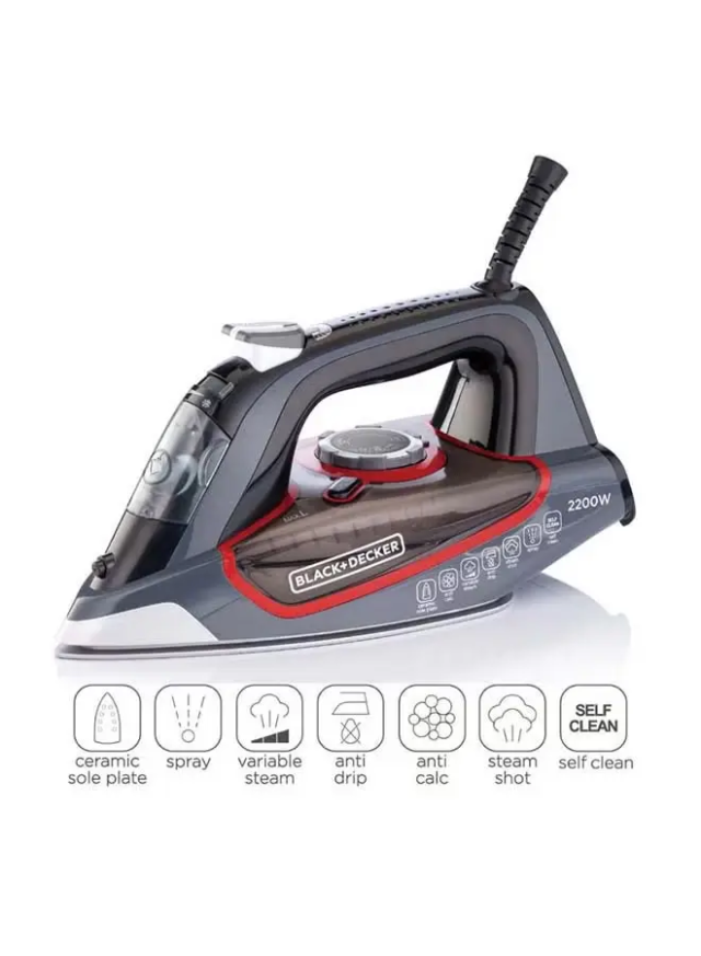 Steam Iron with Ceramic Soleplate, 380ml Water Tank, Powerful Steam Burst, Adjustable Thermostat, Shockproof Body, 27 Steam Vents for Even Heat Distribution, 380 ml 2200 W X2050-B5 Grey/Black