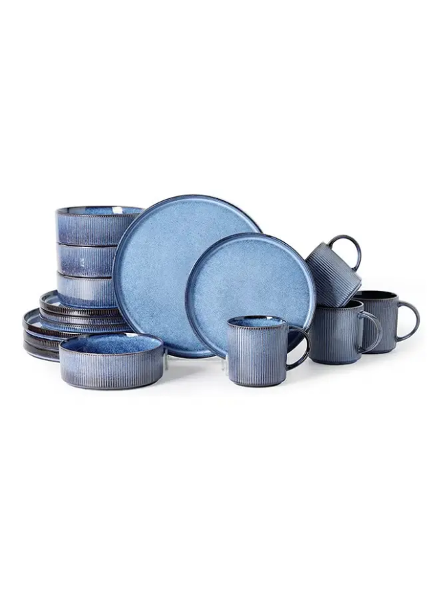 16 Piece Stoneware Dinner Set, 4X27Cm Dinner Plates, 4X21.5Cm Salad Plates, 4X16.5Cm Bowls, 4X16Oz Coffee Mugs, Modern Design In Glossy Finish, Microwave & Dishwasher Safe - Blue