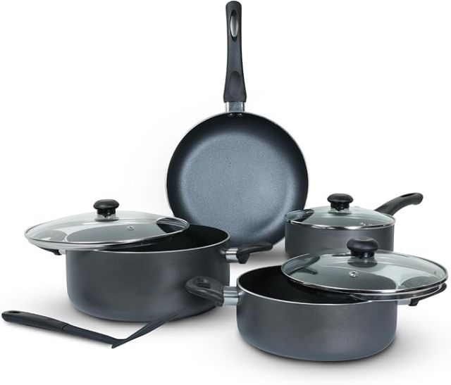 Nonstick Cookware Set 8 Pcs (NCS8G) | 10X Tougher Non-Stick | Healthy PFOA-Free Interior | Heat Resistant | Tempered Glass Lids | Eco-Friendly | Multiple Cooktop Compatible | Dishwasher Safe - Casseroles, Frypan, Milkpan, and Nylon Spatula with Glass Lids - Kitchen Cookware Collection
